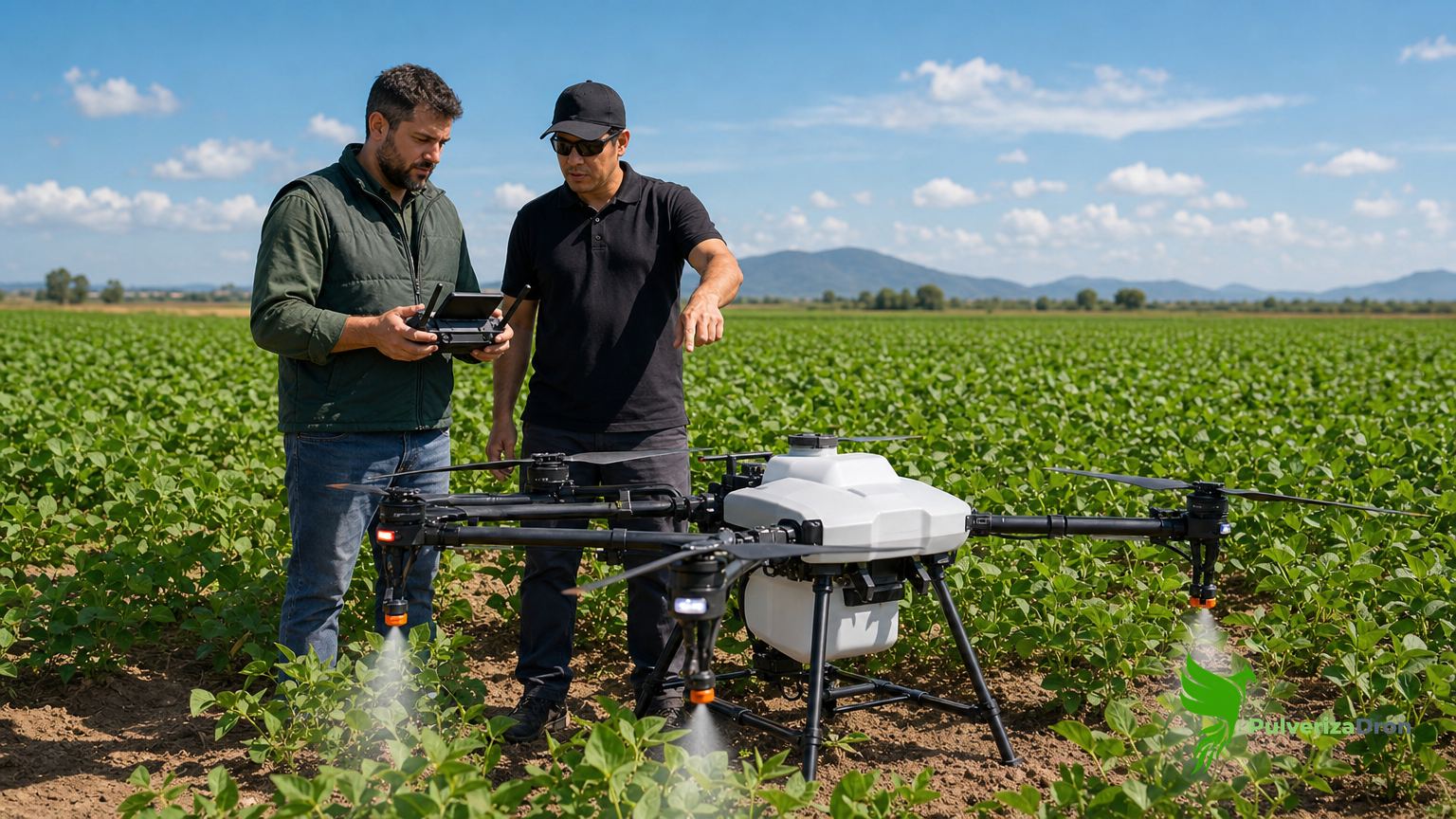 Dos personas de pie junto a un dron agrícola posado en un campo de cultivo, una de ellas con un mando de radiocontrol en las manos
