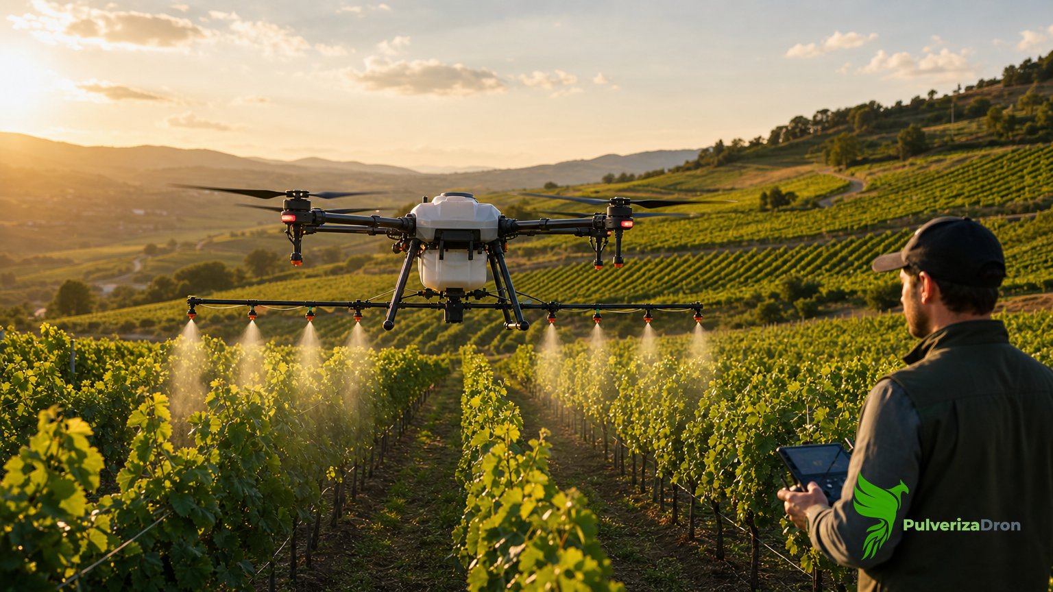 Dron agrícola pulverizando fitosanitario sobre un viñedo en pendiente al atardecer