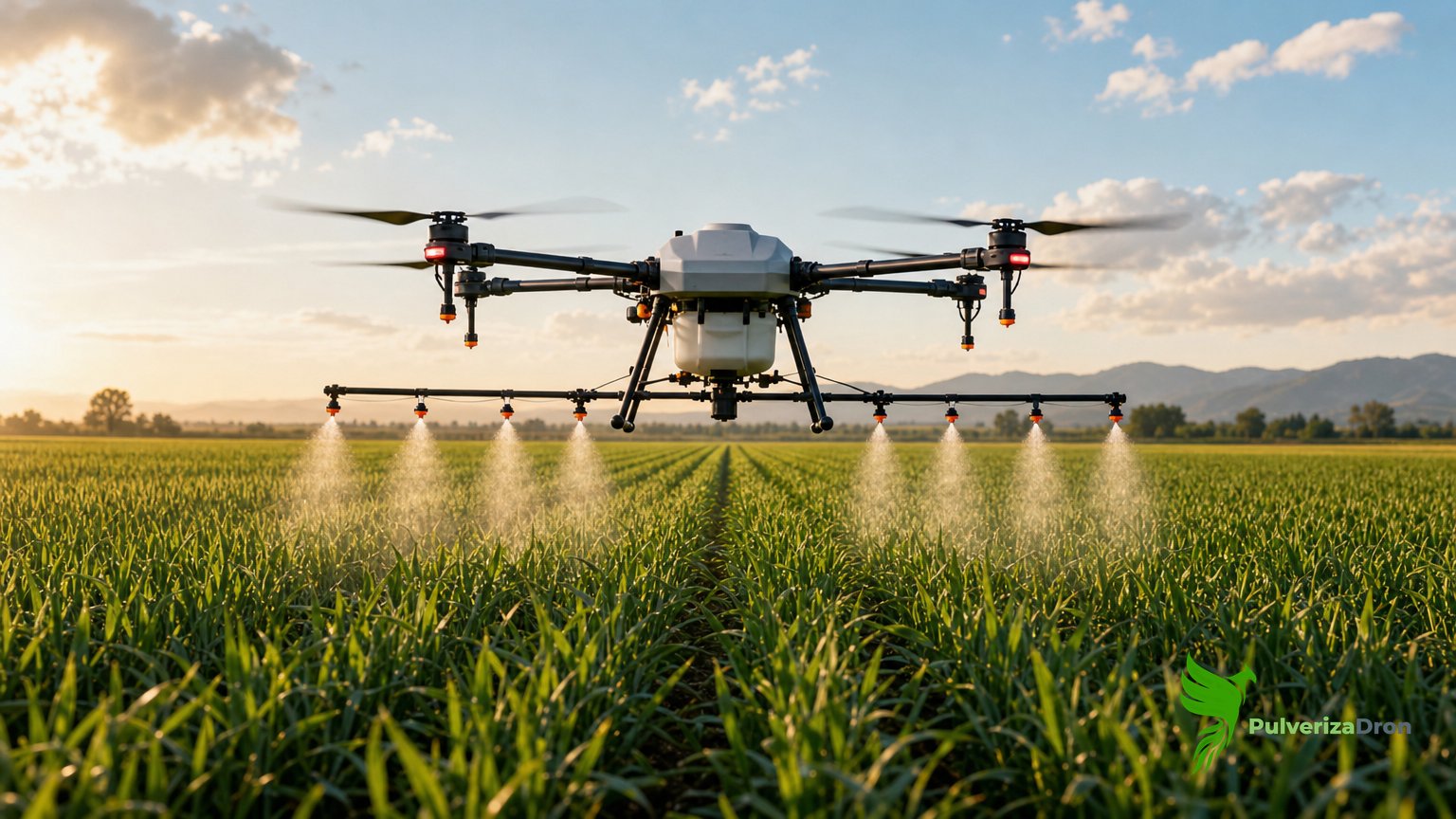 Dron agrícola DJI Agras pulverizando un cultivo de cereal al amanecer