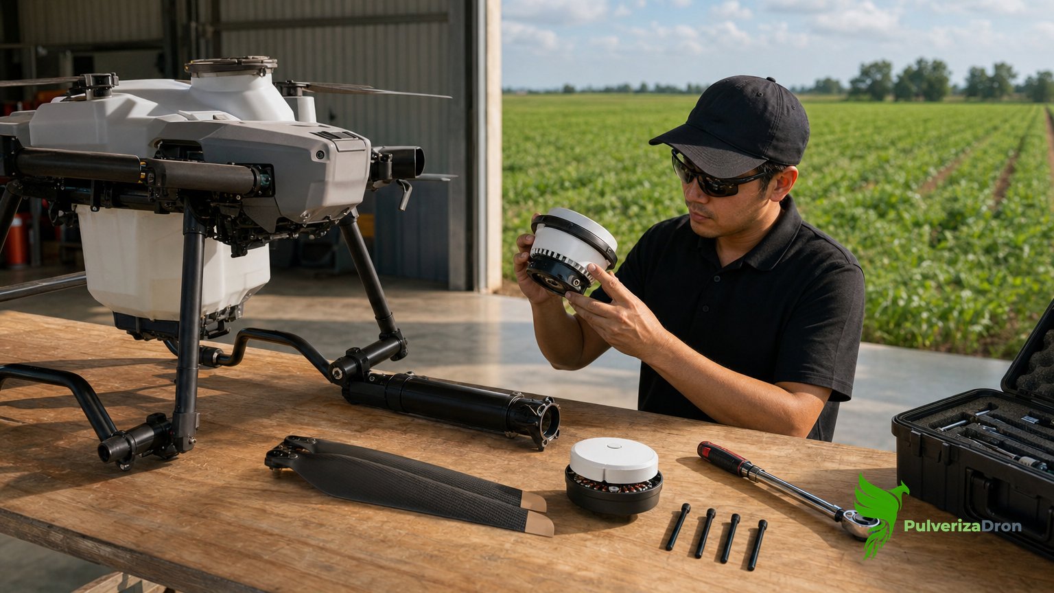 Dron agrícola en un banco de taller con un brazo desmontado y el motor, la hélice y los pernos sobre la mesa