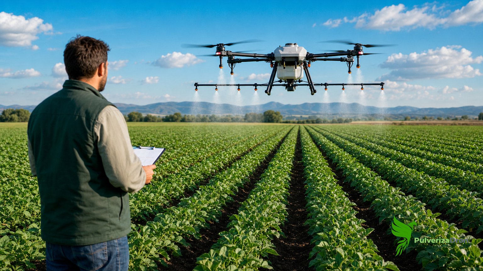 Dron agrícola despegando en una parcela al aire libre, con una persona observando a corta distancia con una carpeta en la mano