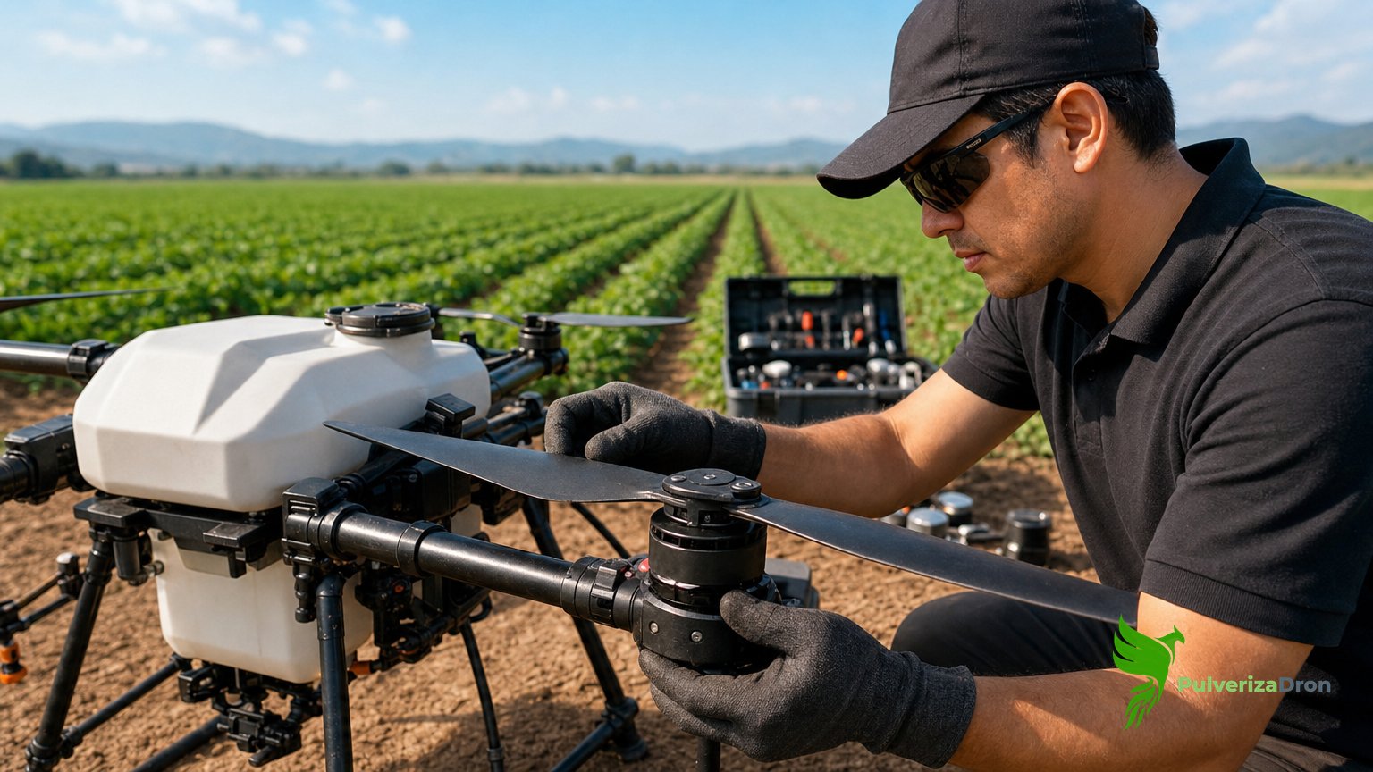Técnico agrícola revisando la hélice y el motor de un dron fumigador antes de una jornada de tratamiento