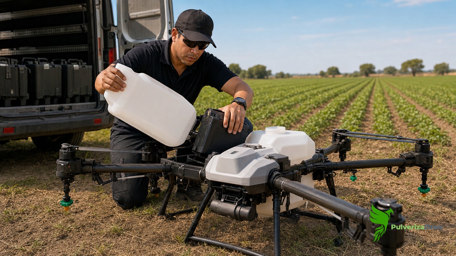 Técnico agrícola preparando el depósito y las baterías de un dron pulverizador antes de una jornada de trabajo