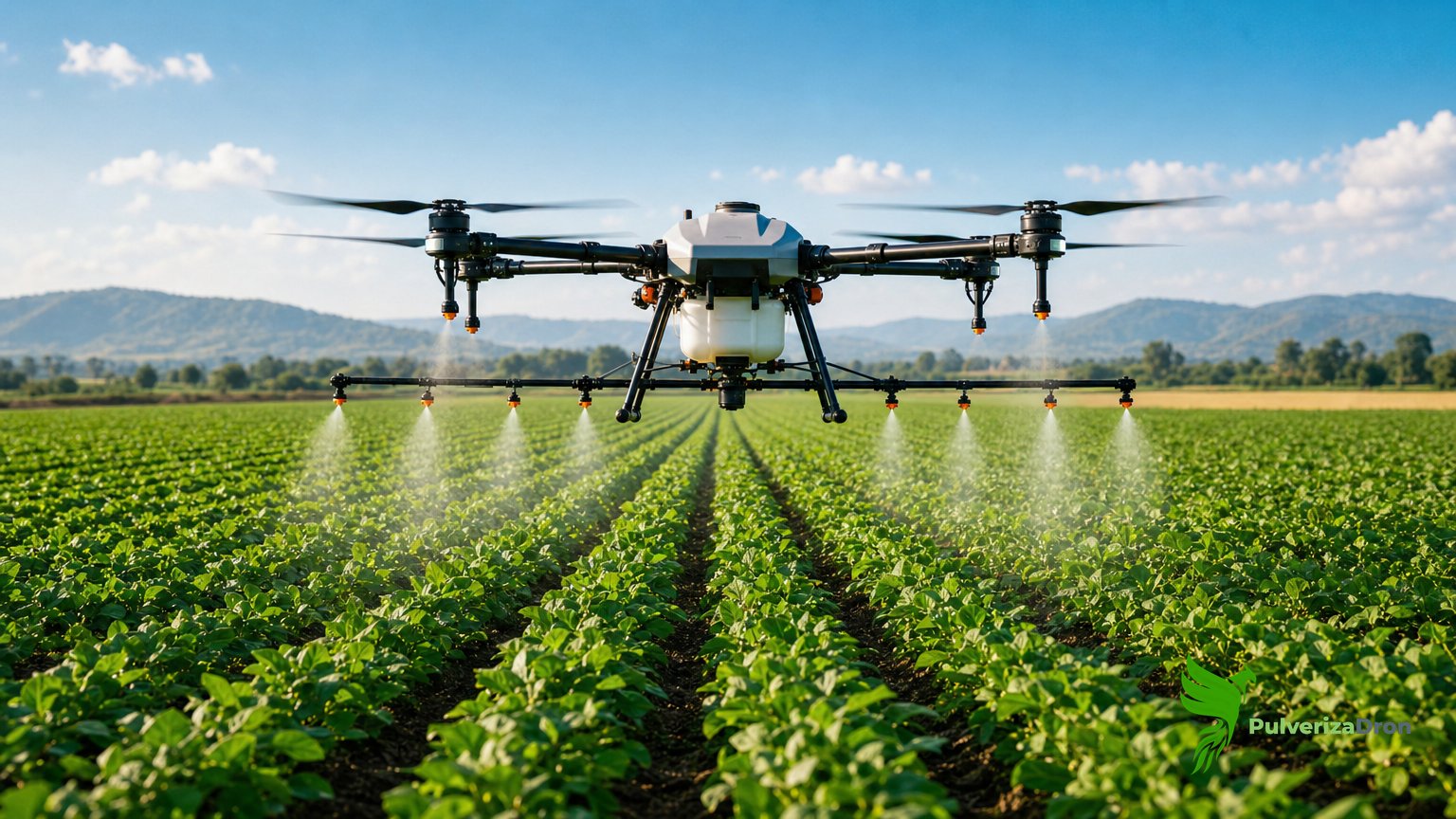 Dron agrícola pulverizando sobre hileras de cultivo, con la niebla de las boquillas bajo los brazos
