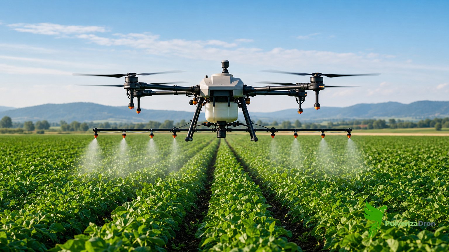 Dron agrícola pulverizando sobre hileras de cultivo, con la niebla de las boquillas bajo los brazos