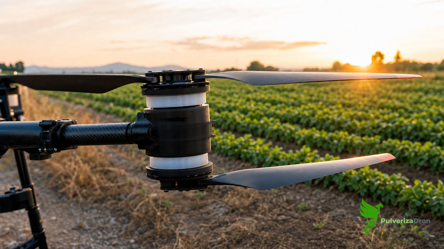 Brazo de un dron agrícola grande con dos motores coaxiales y sus hélices plegables, uno encima de otro, al atardecer en el campo