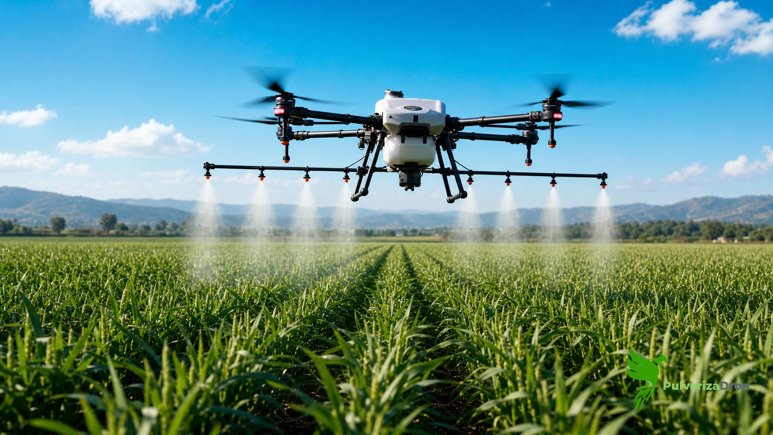 Dron agrícola de gran capacidad sobrevolando un campo de cereal extenso