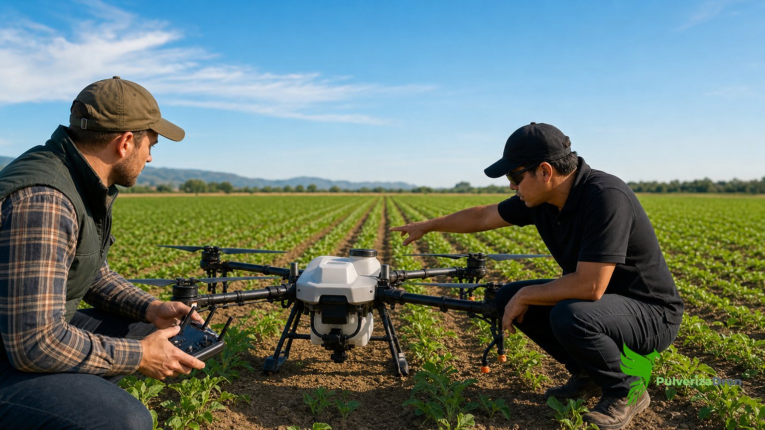 Formación práctica de vuelo con un dron agrícola en un campo de prácticas