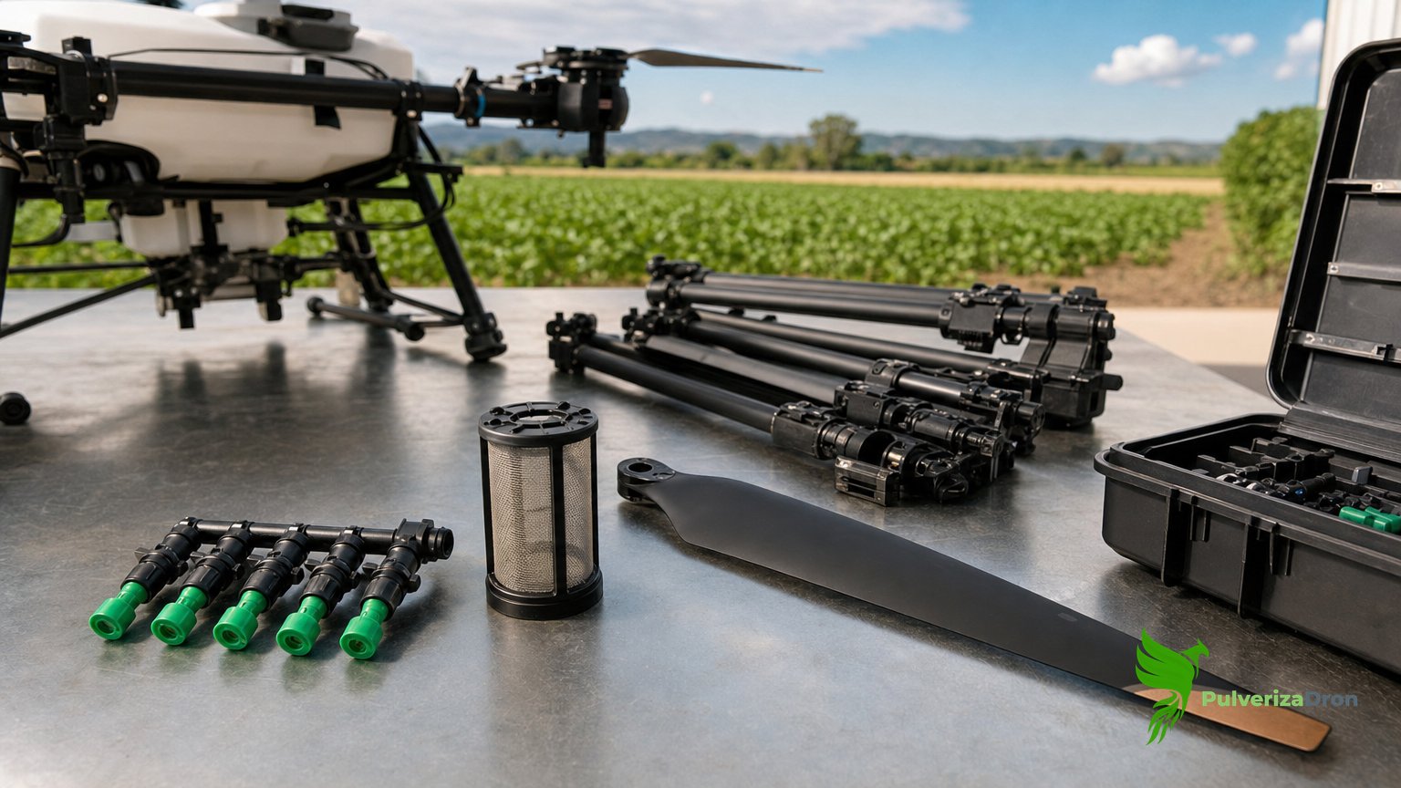 Piezas de repuesto para dron agrícola ordenadas sobre un banco de trabajo