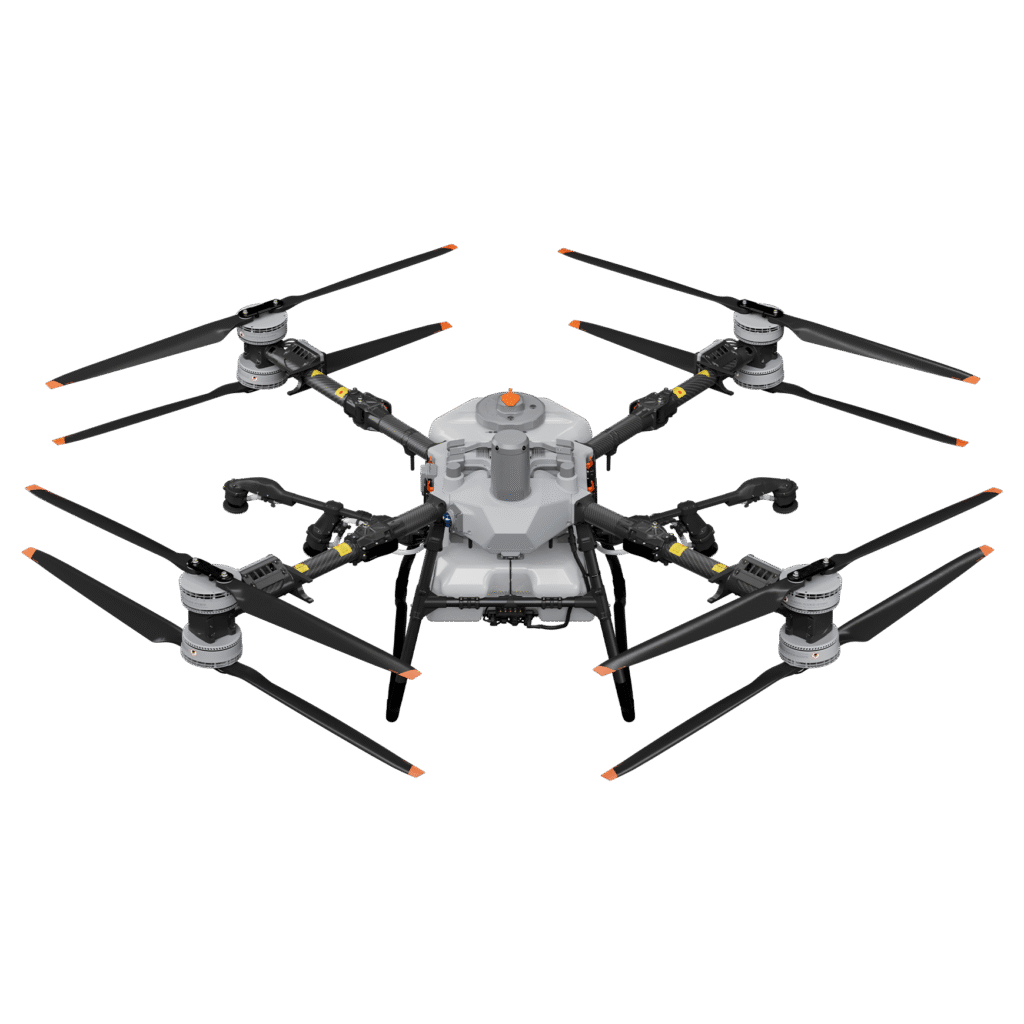 Dron agrícola DJI Agras T100 con sus ocho brazos y el depósito de 100 litros