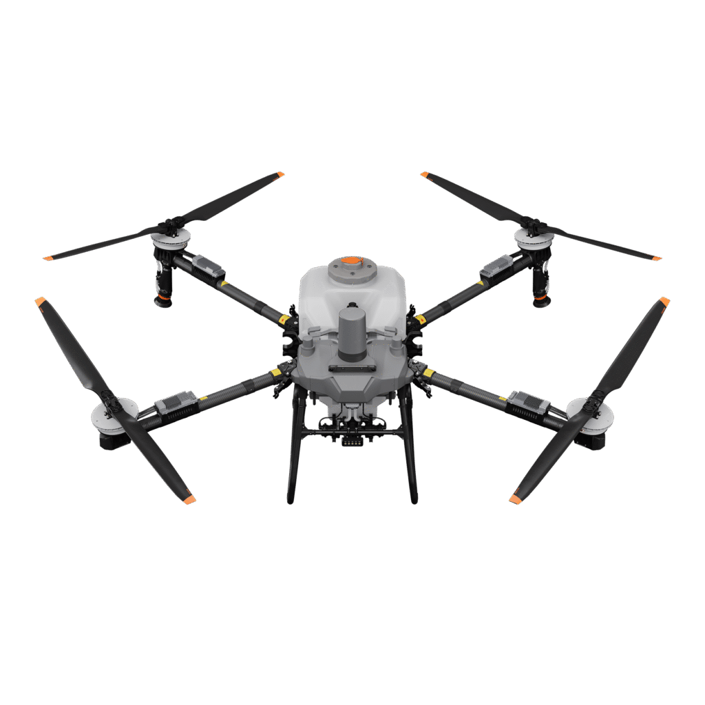 Dron agrícola DJI Agras T70P con sus cuatro brazos coaxiales y el depósito de 70 litros