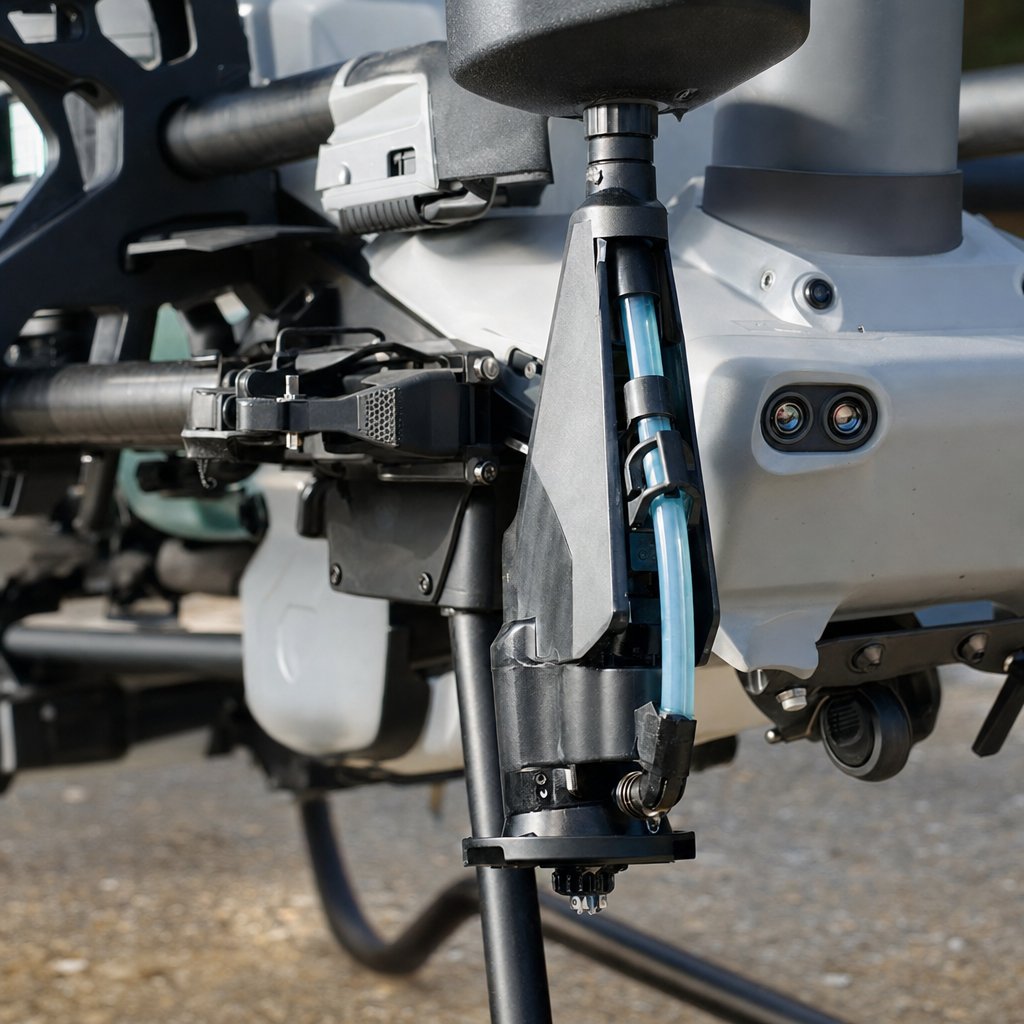Detalle del sistema de bombeo y boquilla de pulverización del DJI Agras T25