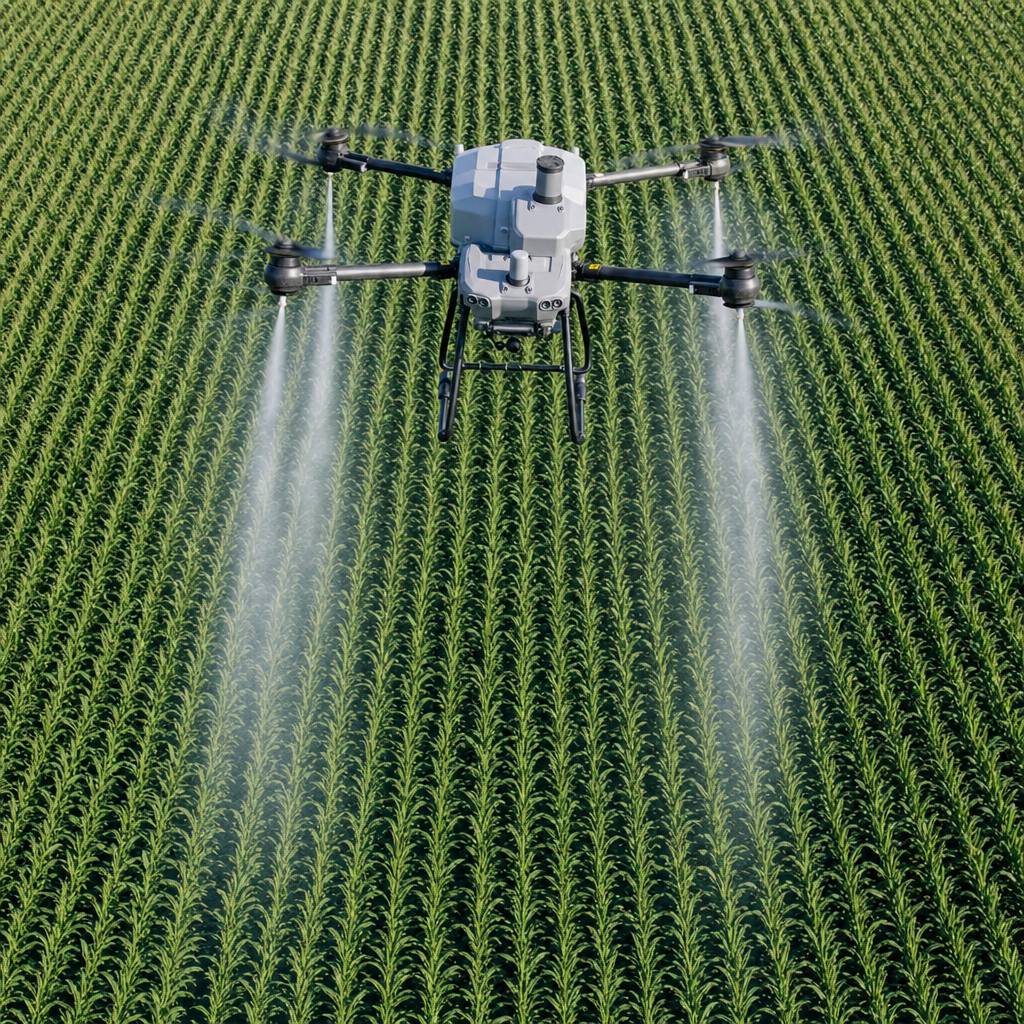 Dron agrícola pulverizando un cultivo, vista aérea del ancho de trabajo