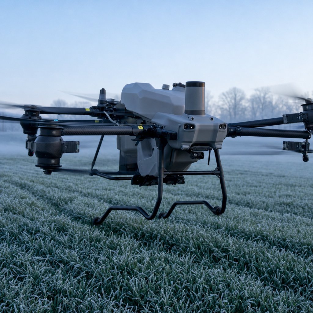Dron agrícola operando sobre un cultivo con escarcha en una mañana fría