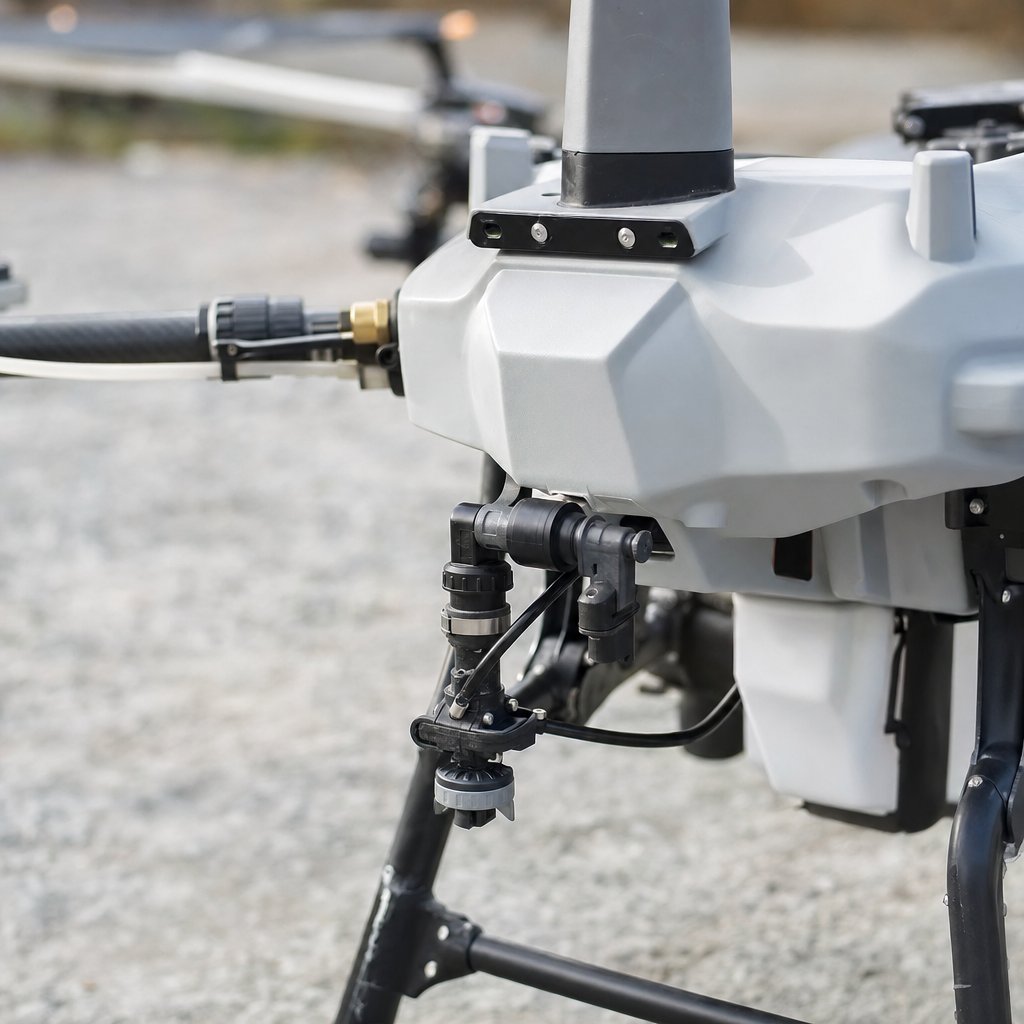 Detalle del sistema de bombeo y boquilla de pulverización de un dron agrícola grande